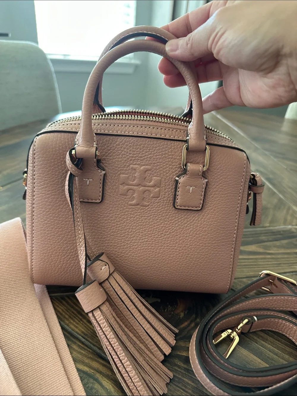 Tory Burch Dusty Pink Pebbled Leather Camera Crossbody with Tassels